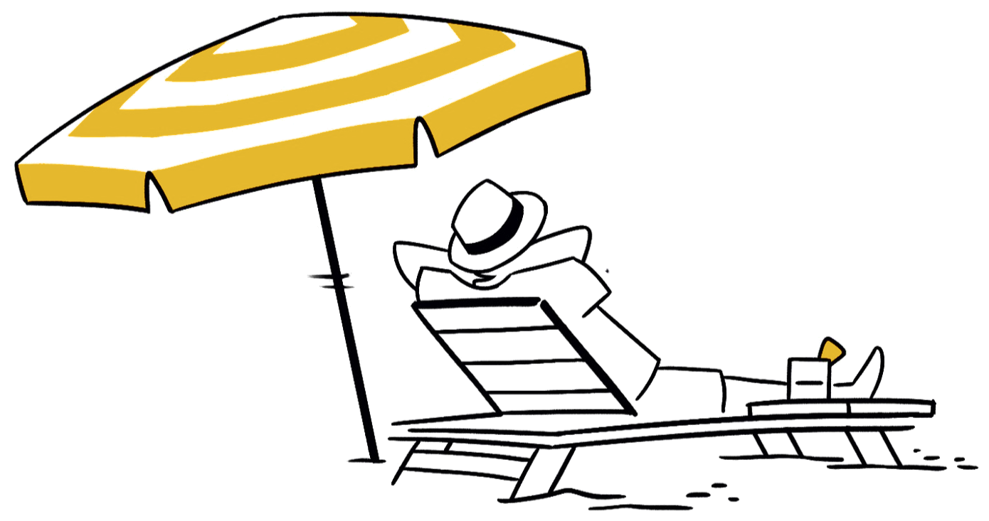 Illustration of a man relaxing in a beach chair under a striped umbrella with a drink